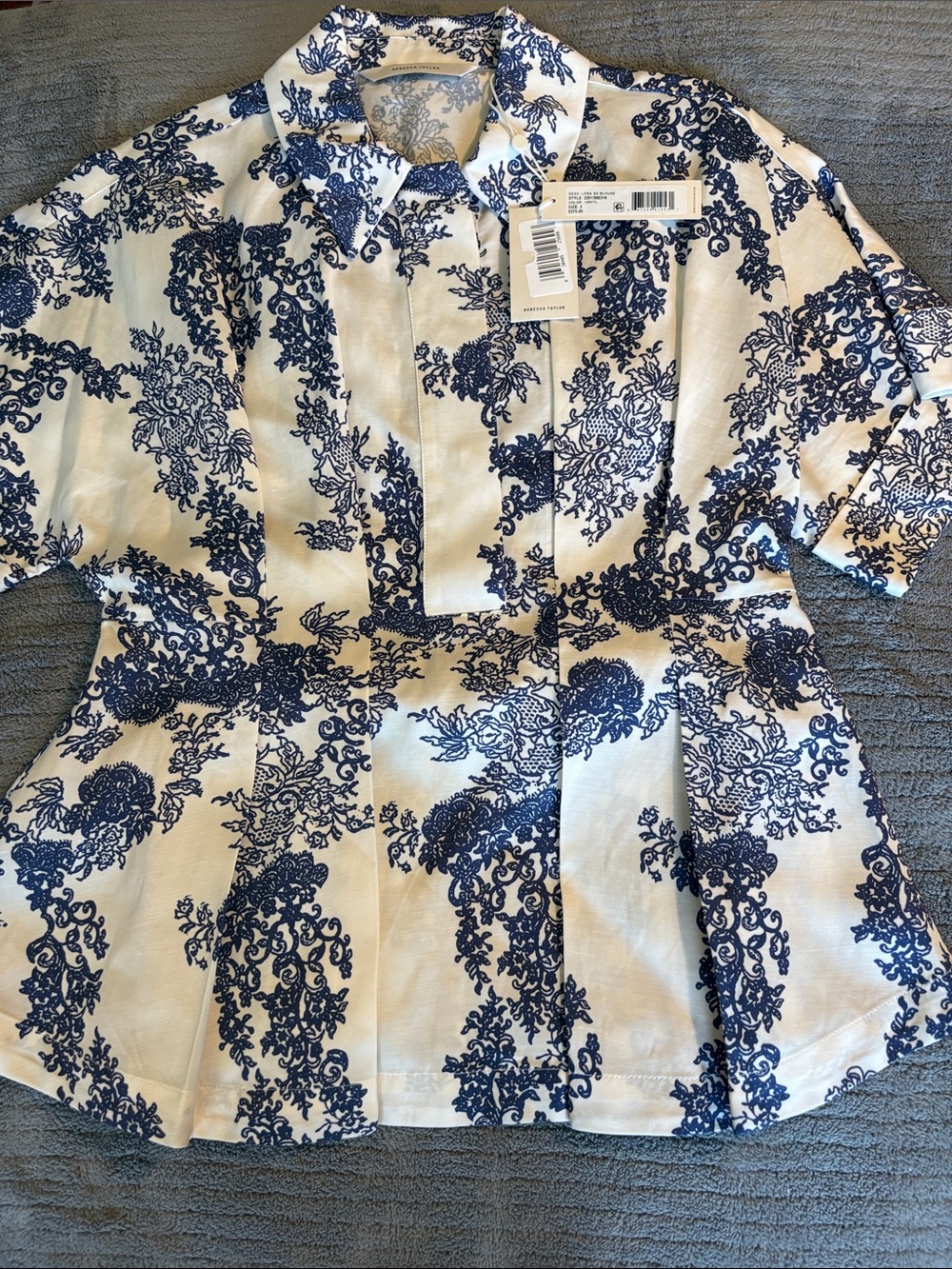 Rebecca Taylor Navy Floral Print Pleated Button-Down Top